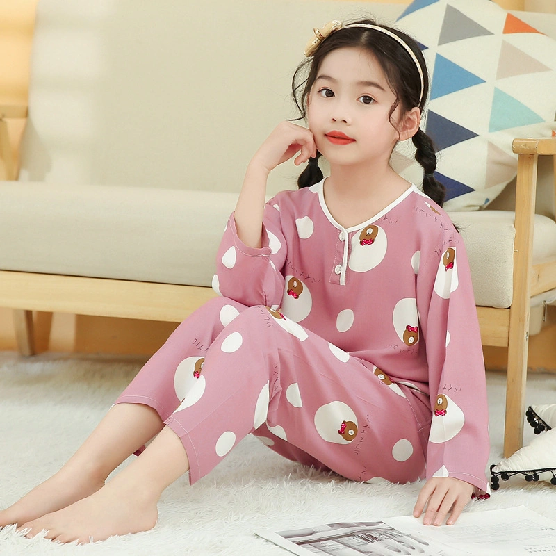 Childrens Cotton Silk Pajamas Summer Home Wear Girls Thin Boys Big Boys Spring and Autumn Long Sleeves Boys Cotton Silk Air Conditioning Pajamas