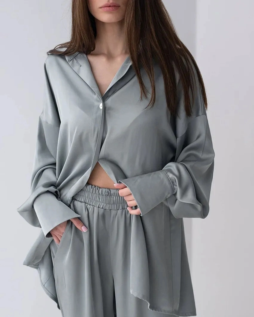 Shirt Silk Satin Retro Trouser Suit Silky Simple Solid Color Women′s Nightgown